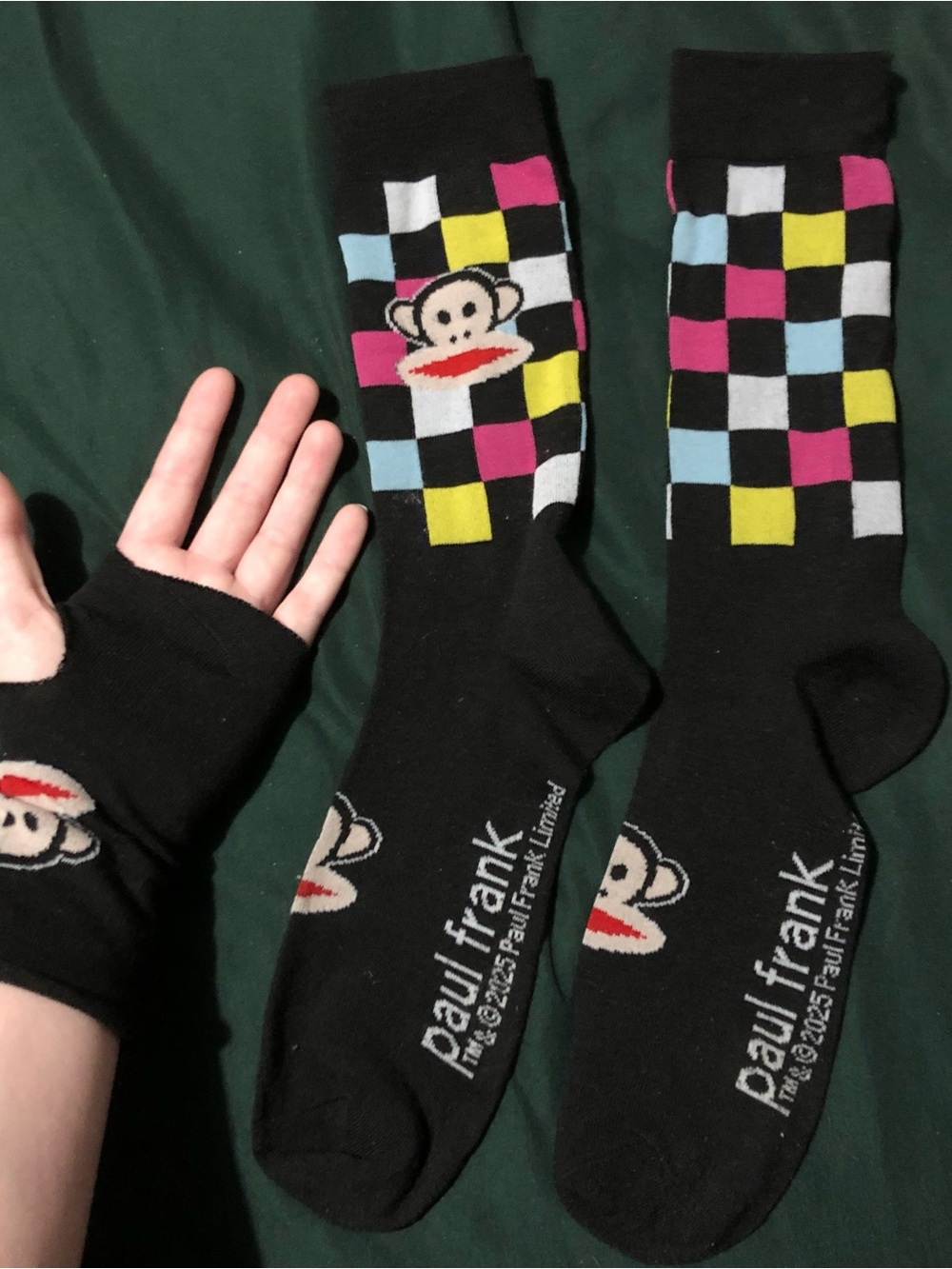 Paul Frank Black Checkerboard Socks and fingerless gloves